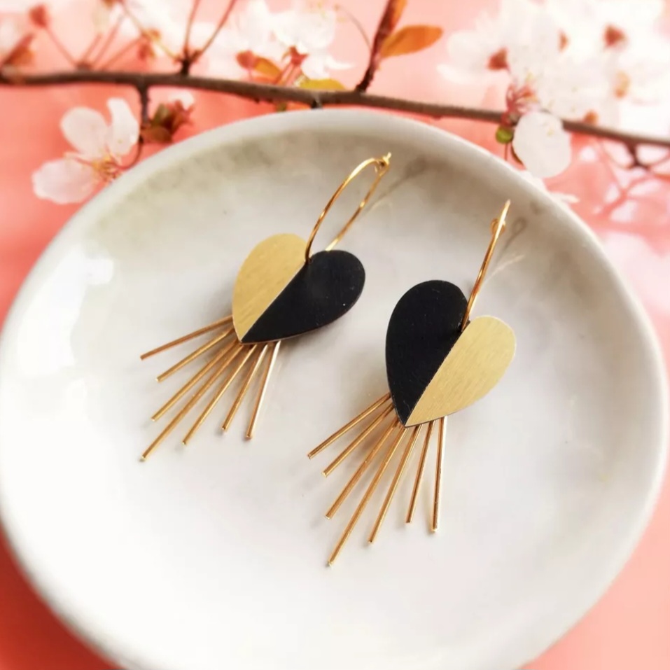 Boucles d’oreilles cœurs colorés mexicains EX VOTO - Noir & Or - RB13