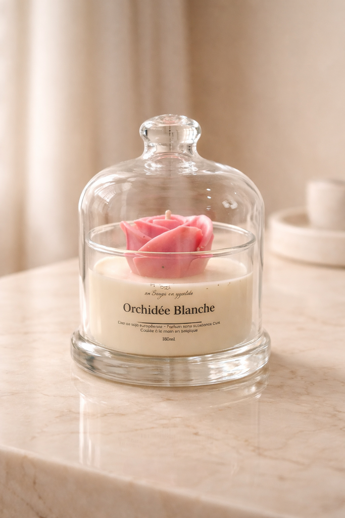 Bougie artisanale sous cloche Orchidée Blanche – Cire végétale vegan – Lynie