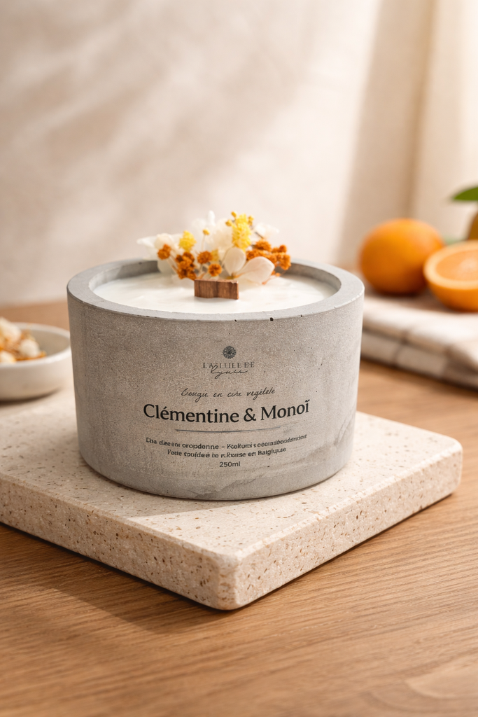 Bougie artisanale parfumée Clémentine & Monoï – Cire végétale – Lynie