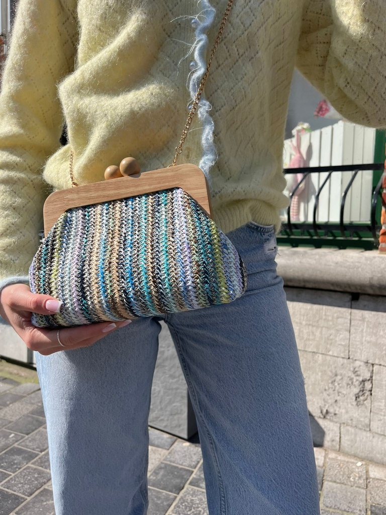 Sac porte-monnaie bleu tressé avec chaîne dorée – Sac tendance printemps été