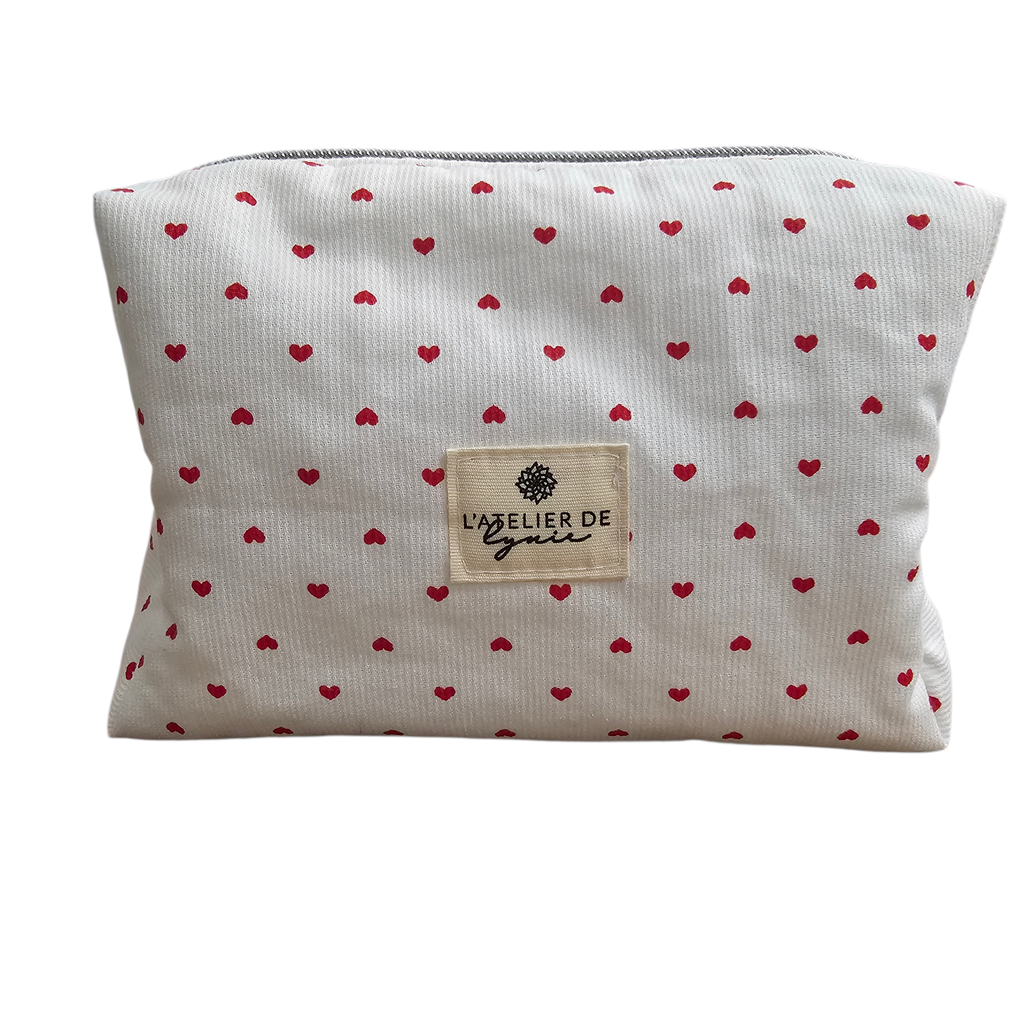 Petite trousse de toilette artisanale – Cœurs rouges - Idéale pour maquillage ou sac à main – LYNIE