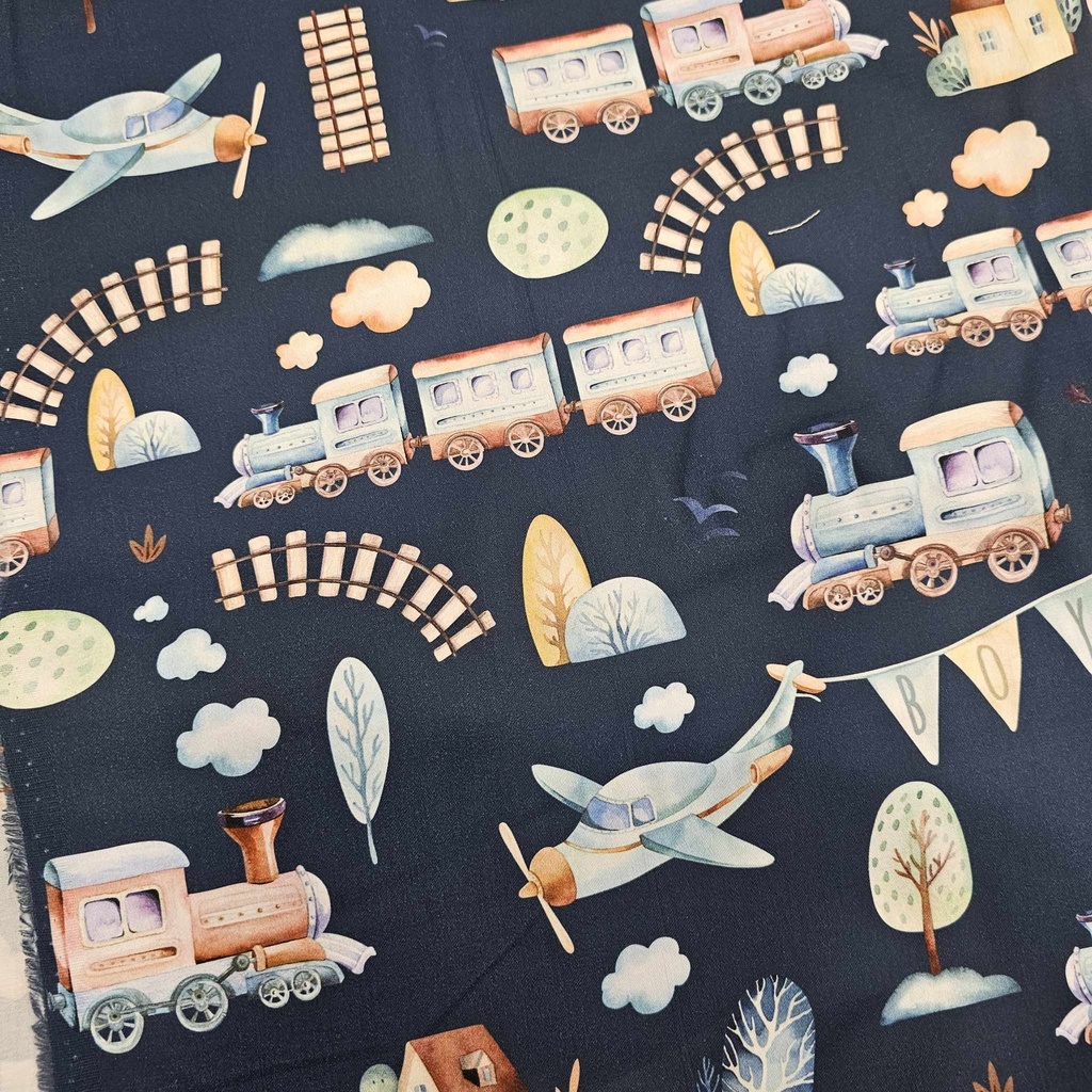 Tissu 19 - Coton Locomotion sur fond bleu foncé