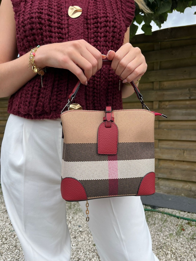 Sac en cuir bordeaux et toile tartan – Sophia Delli