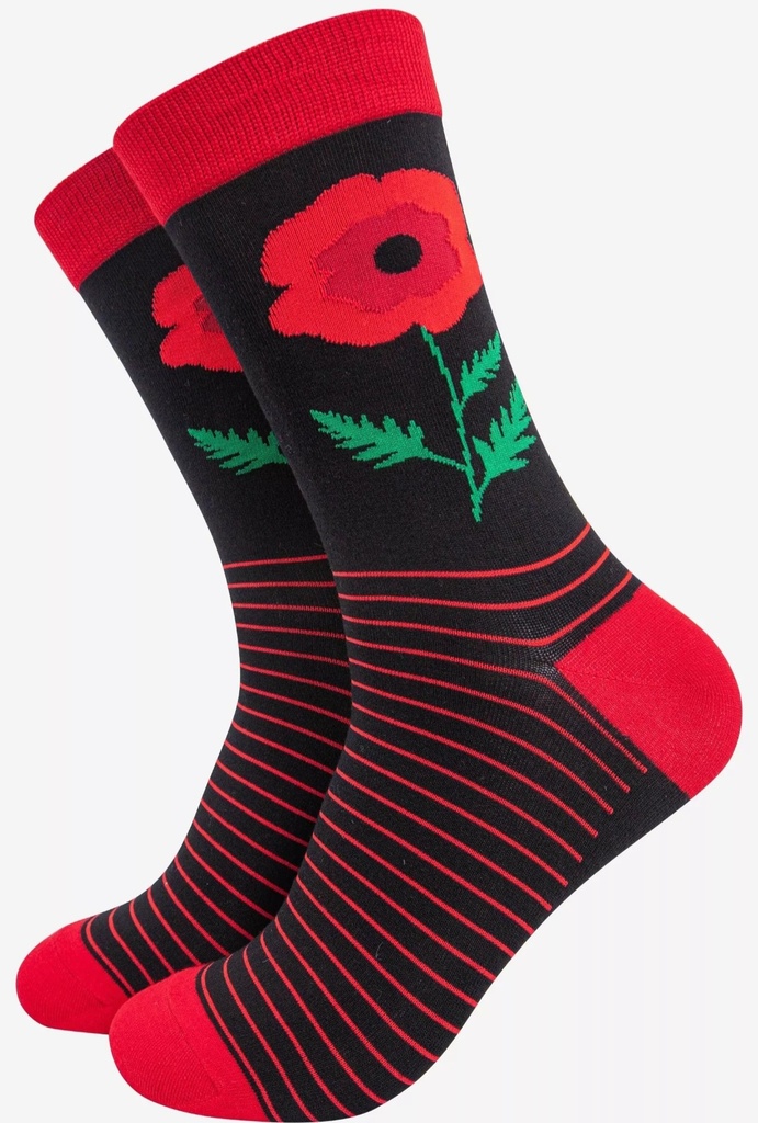 Chaussettes en bambou pour hommes - noir, fleur rouge 