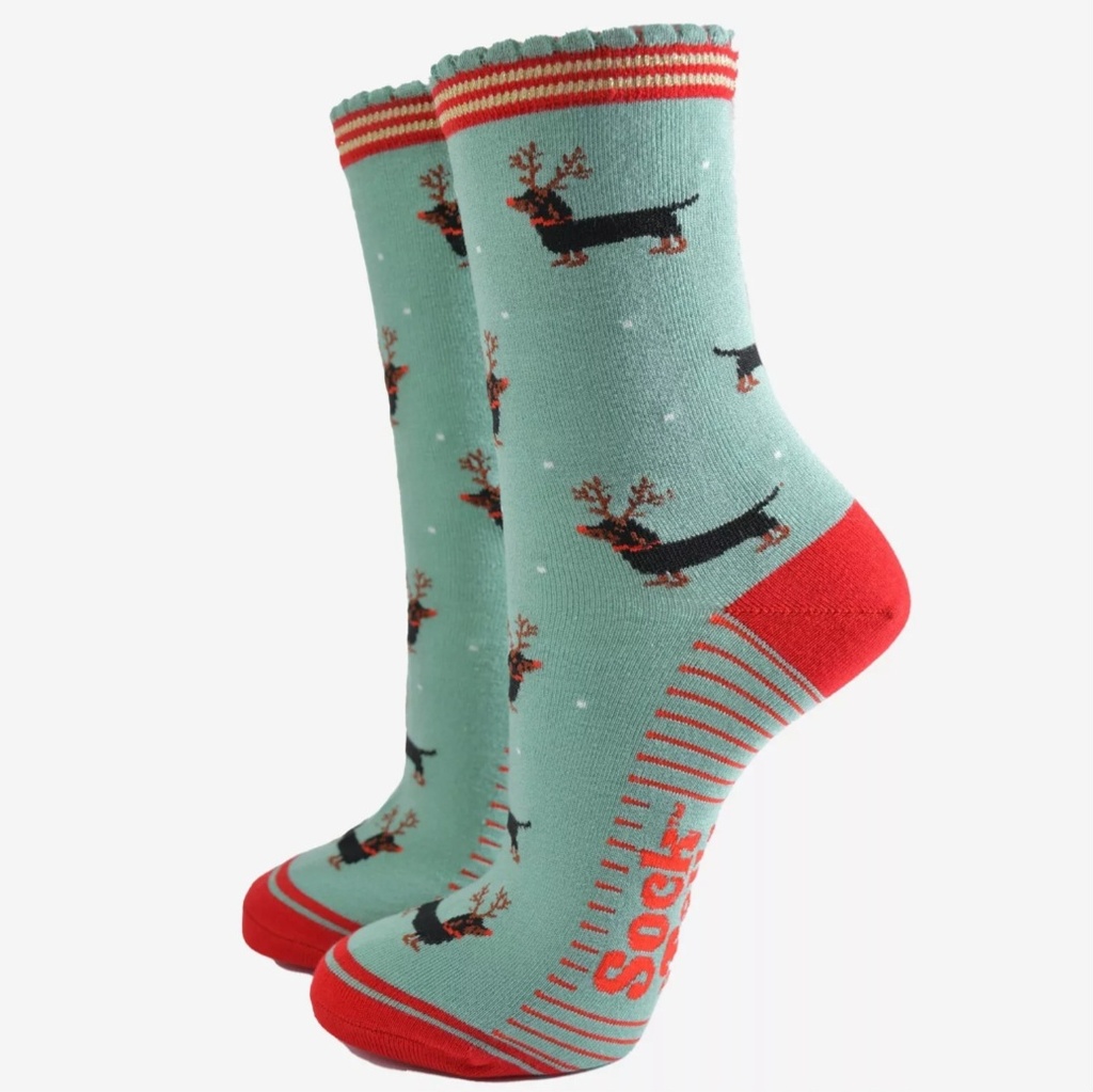 Chaussettes en bambou pour femmes - vert, teckel/renne