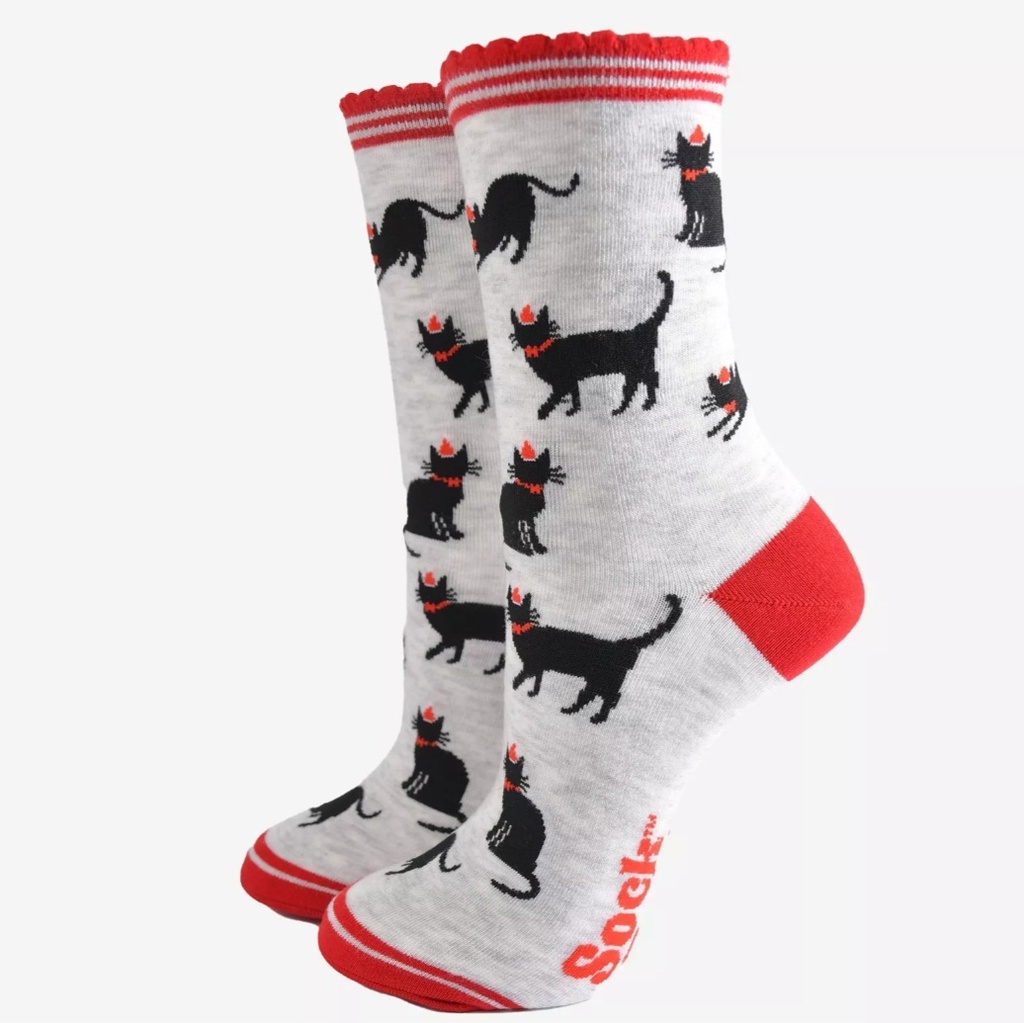 Chaussettes en bambou pour femmes - gris, chat noir