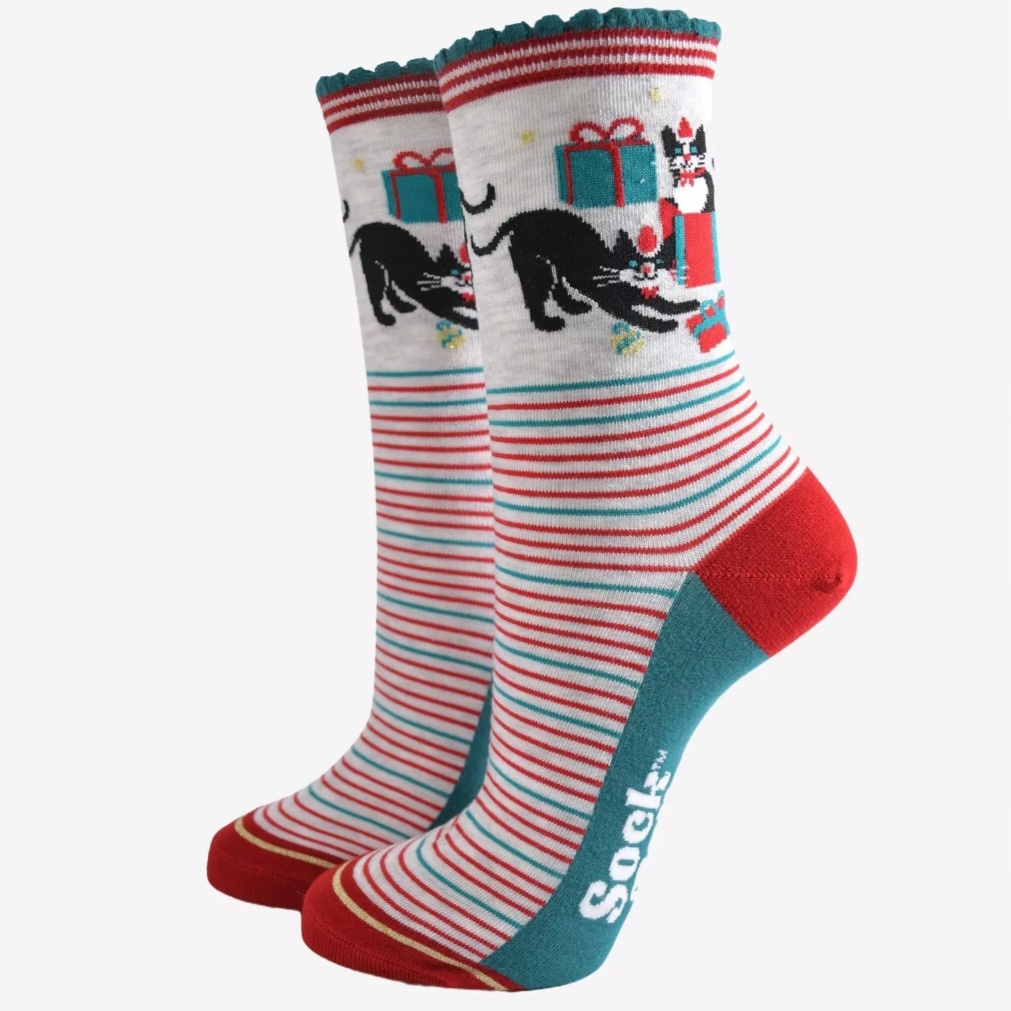 Chaussettes en bambou pour femmes - gris/bleu/rouge, chat cadeaux 