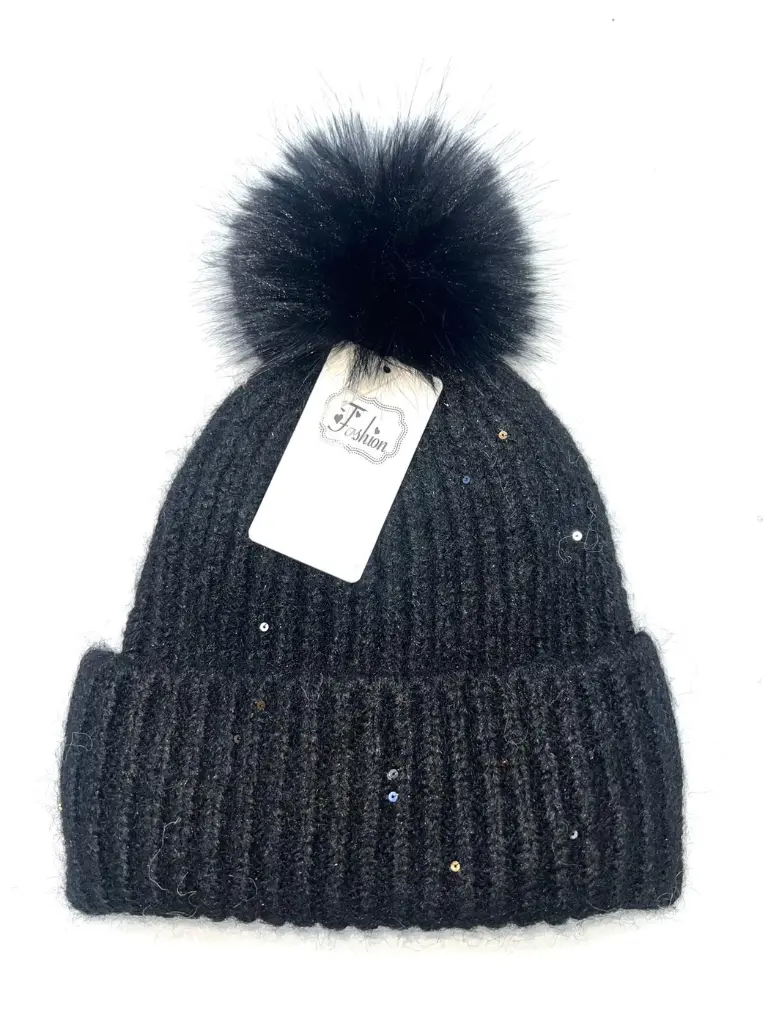 Lineta - Bonnet à pompon et paillettes noir