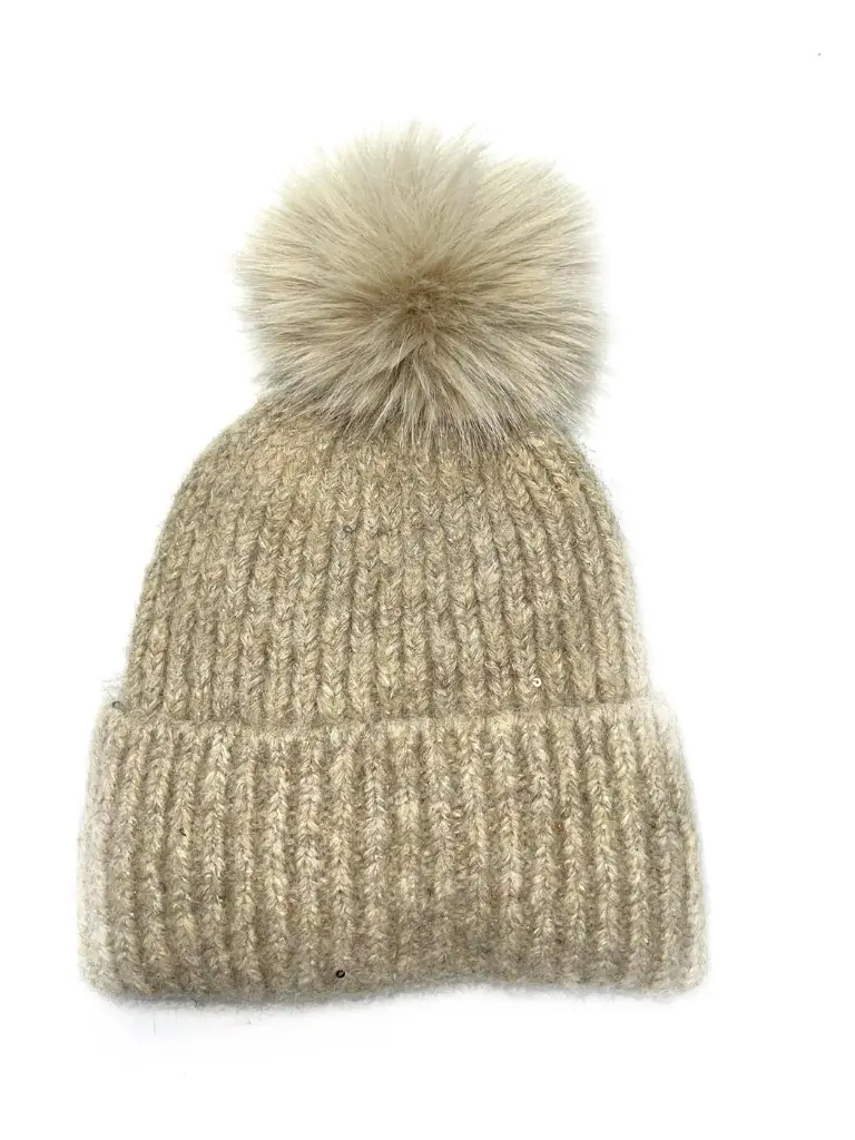 Lineta - Bonnet à pompon et paillettes taupe