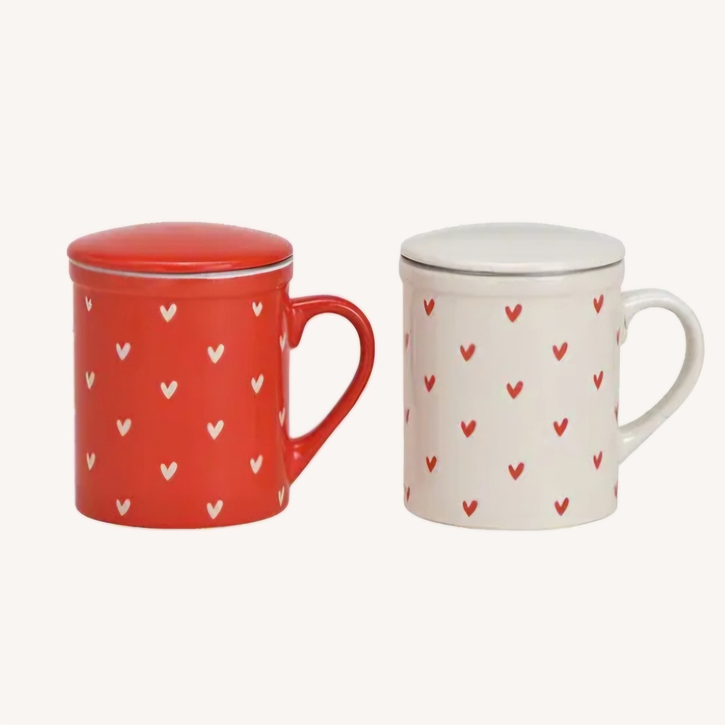 Mug / Tasse à thé rouge et petits cœurs – avec infuseur et couvercle
