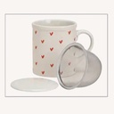Mug / Tasse à thé blanc et petits cœurs – avec infuseur et couvercle