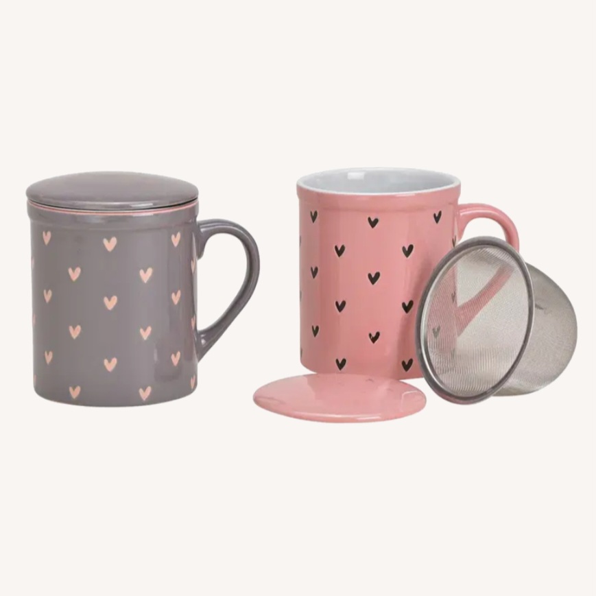 Mug / Tasse à thé gris et petits cœurs – avec infuseur et couvercle
