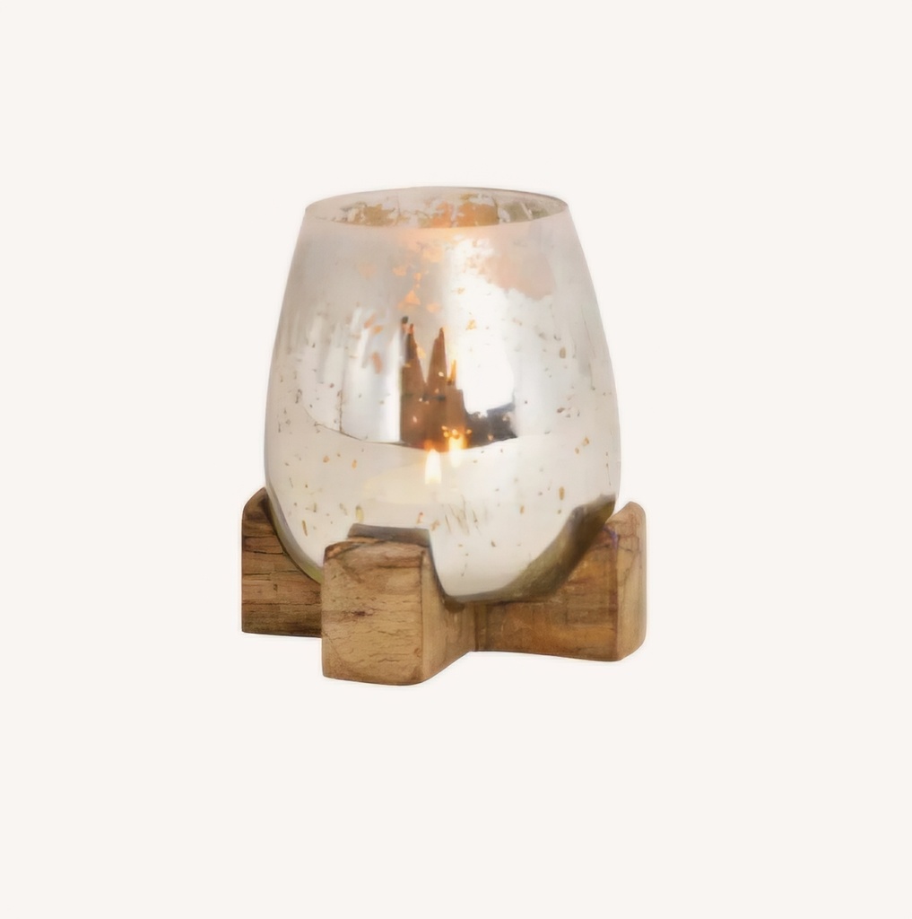 Photophore doré en verre sur socle en bois – Wurm