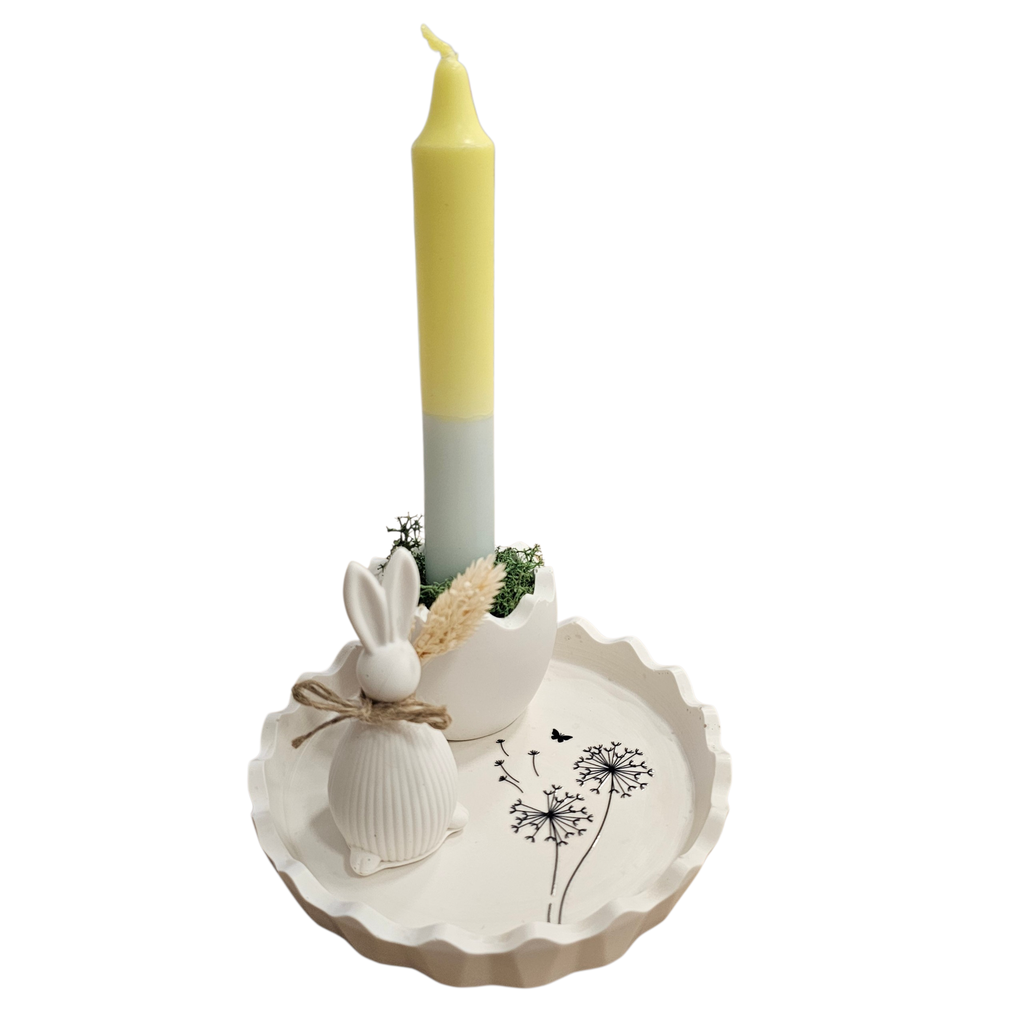Coffret déco Pâques artisanal – Plateau fleuri, bougeoir et lapin - Lynie
