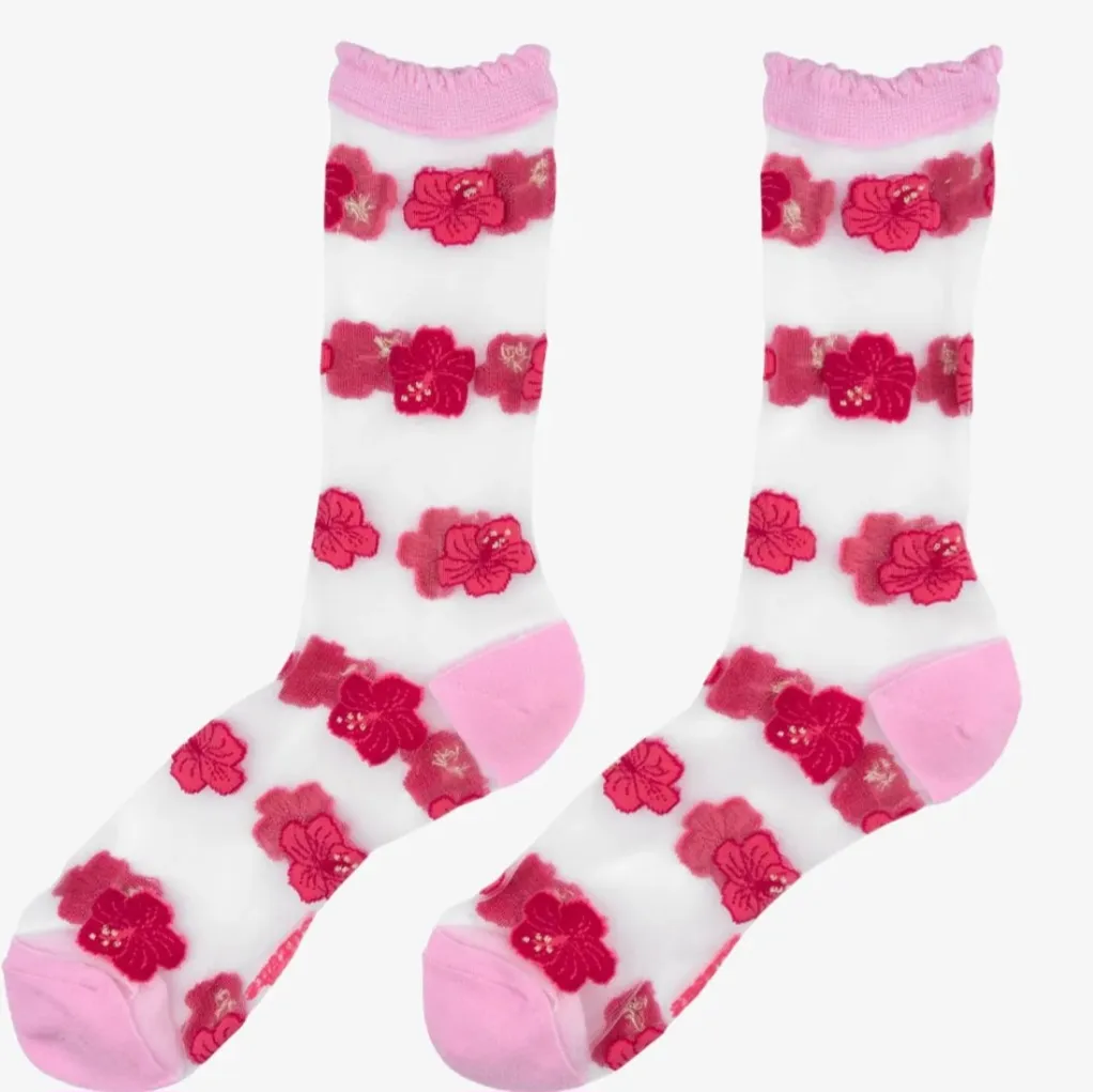 Chaussettes transparentes hibiscus – Coucou Suzette | Chaussettes femme fantaisie fleurs tropicales made in France