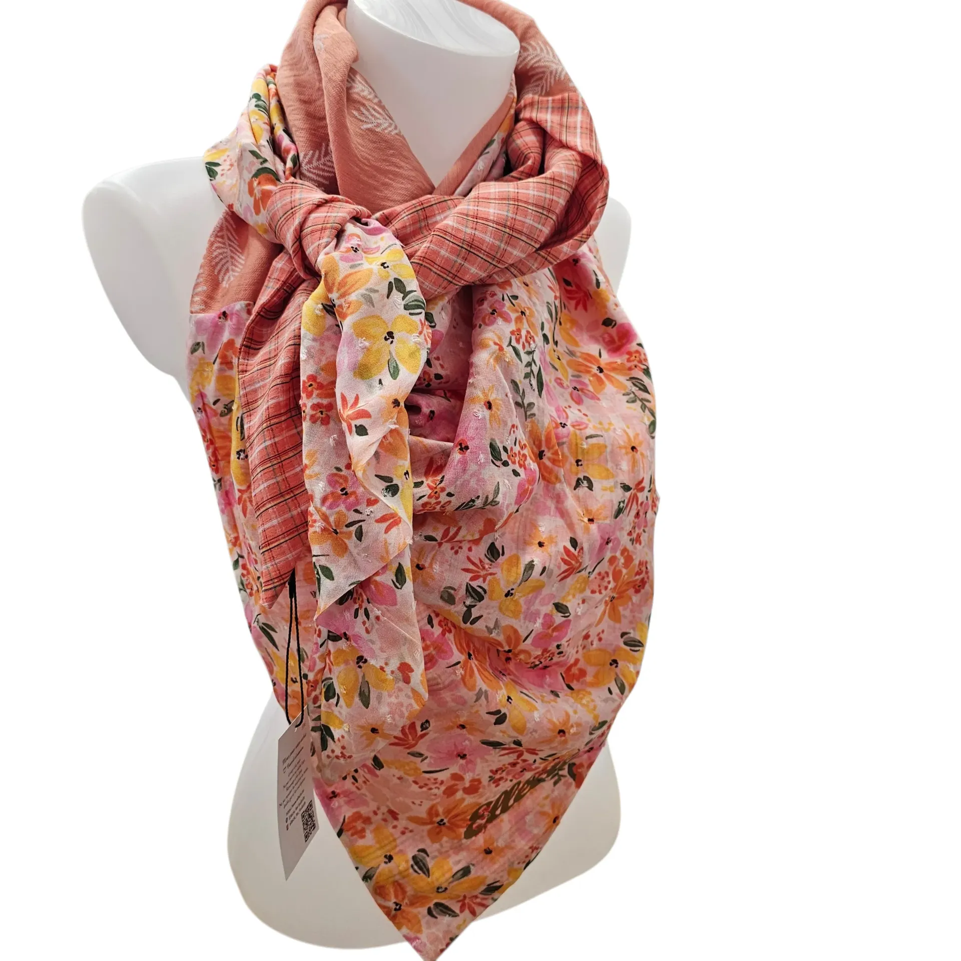 Foulard triangle fleuri rose pêche Ellécie – Créatrice belge fait main