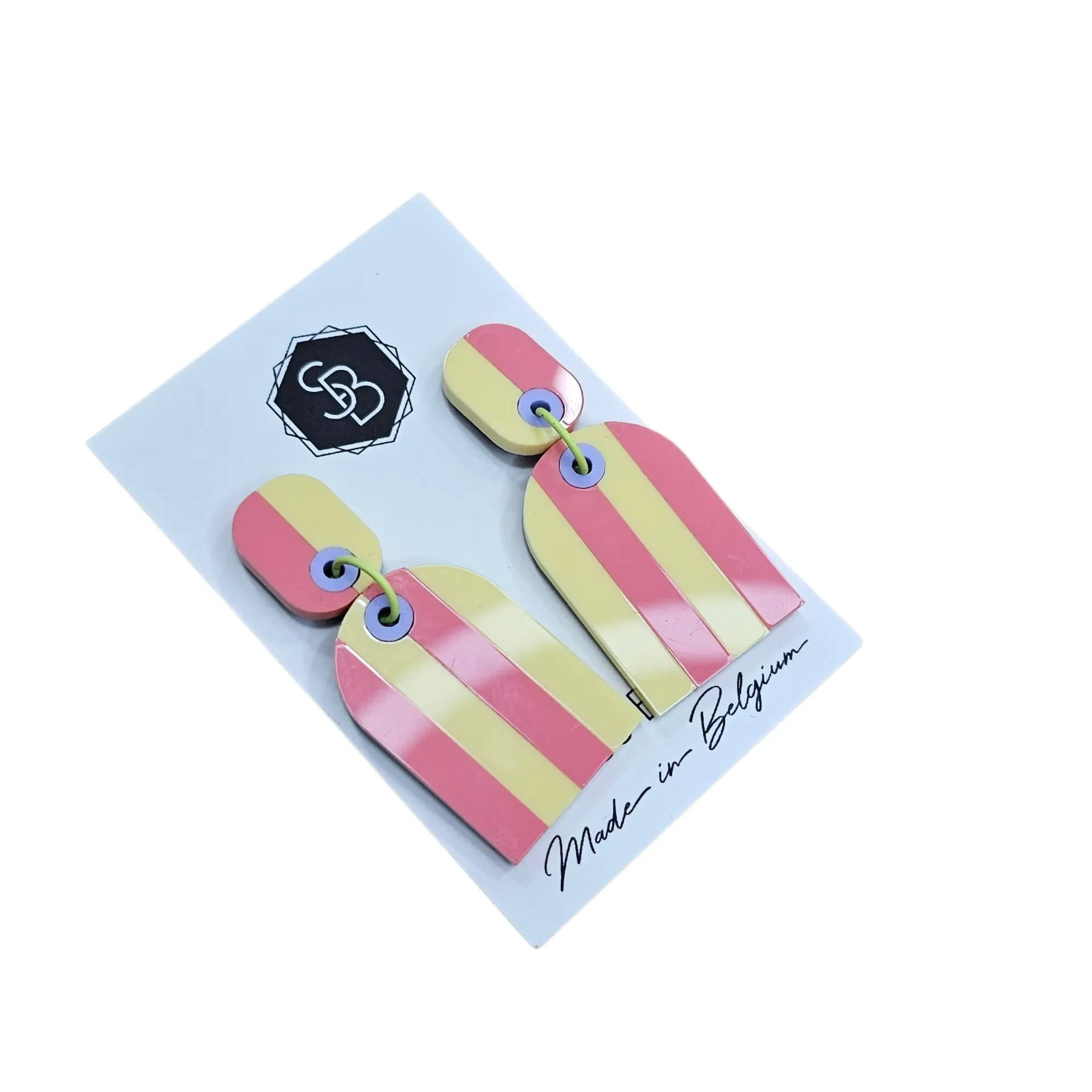 Boucles d’oreilles colorées en plexiglas – Créations fun & originales by So Billy - lignées rose / jaune