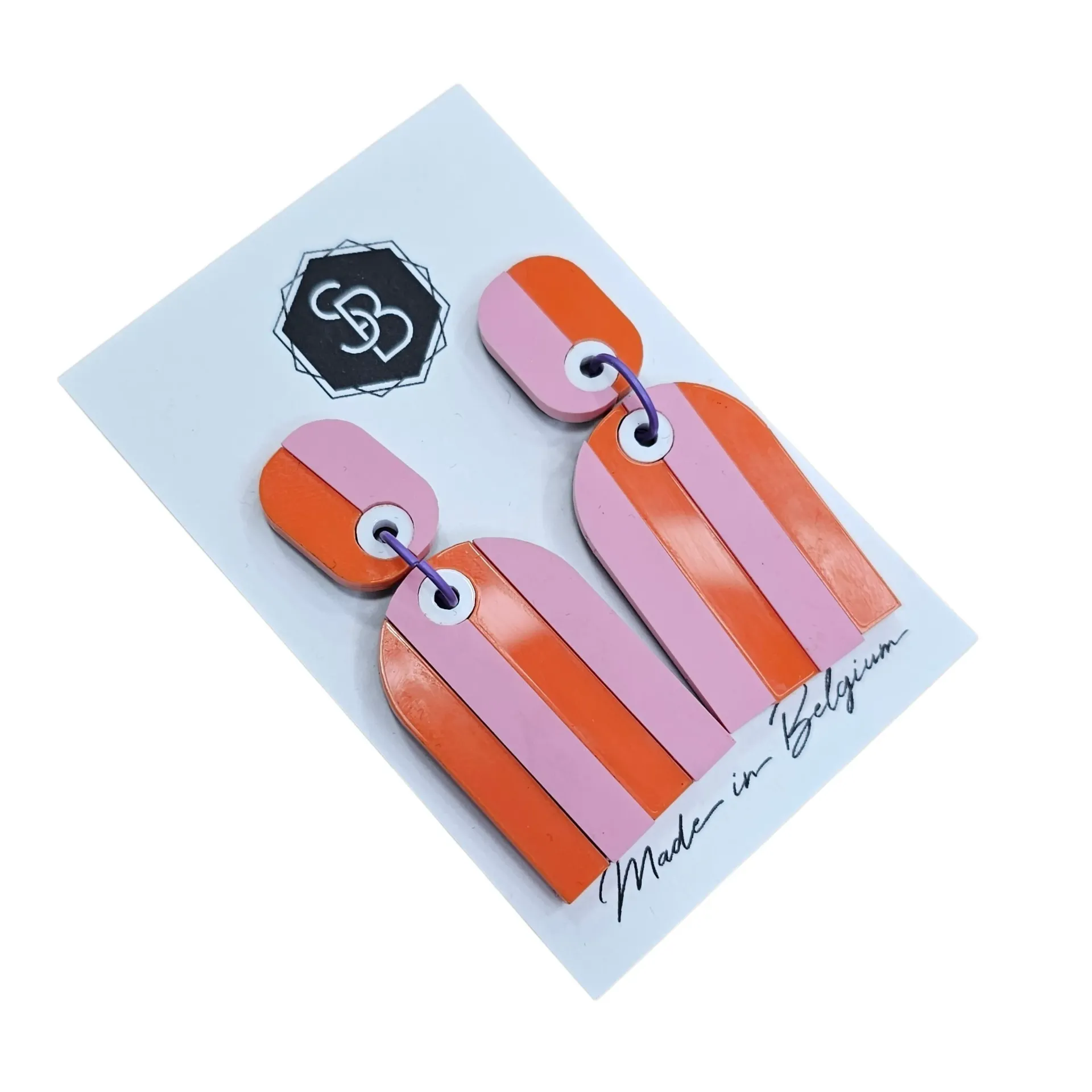 Boucles d’oreilles colorées en plexiglas – Créations fun & originales by So Billy - lignées rose / orange