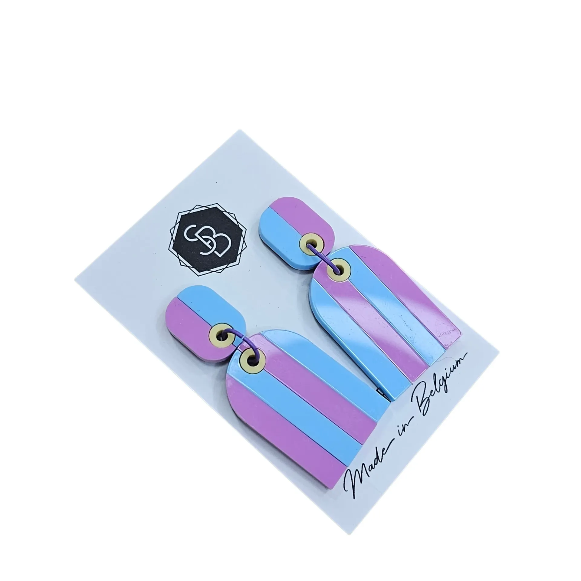 Boucles d’oreilles colorées en plexiglas – Créations fun & originales by So Billy - lignées bleu et mauve