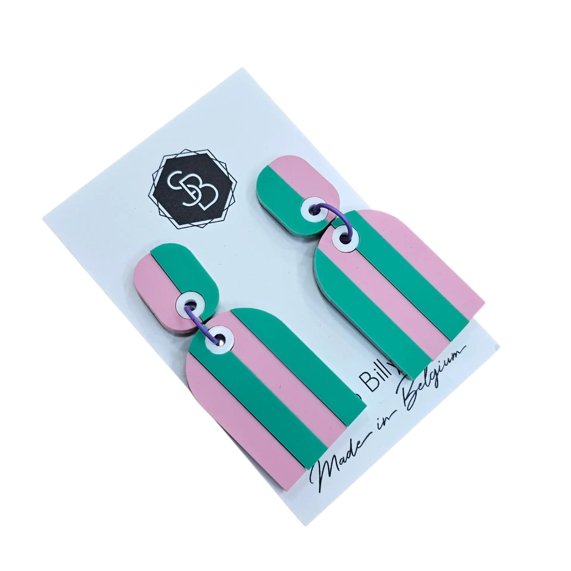 Boucles d’oreilles colorées en plexiglas – Créations fun & originales by So Billy - lignées rose / vert