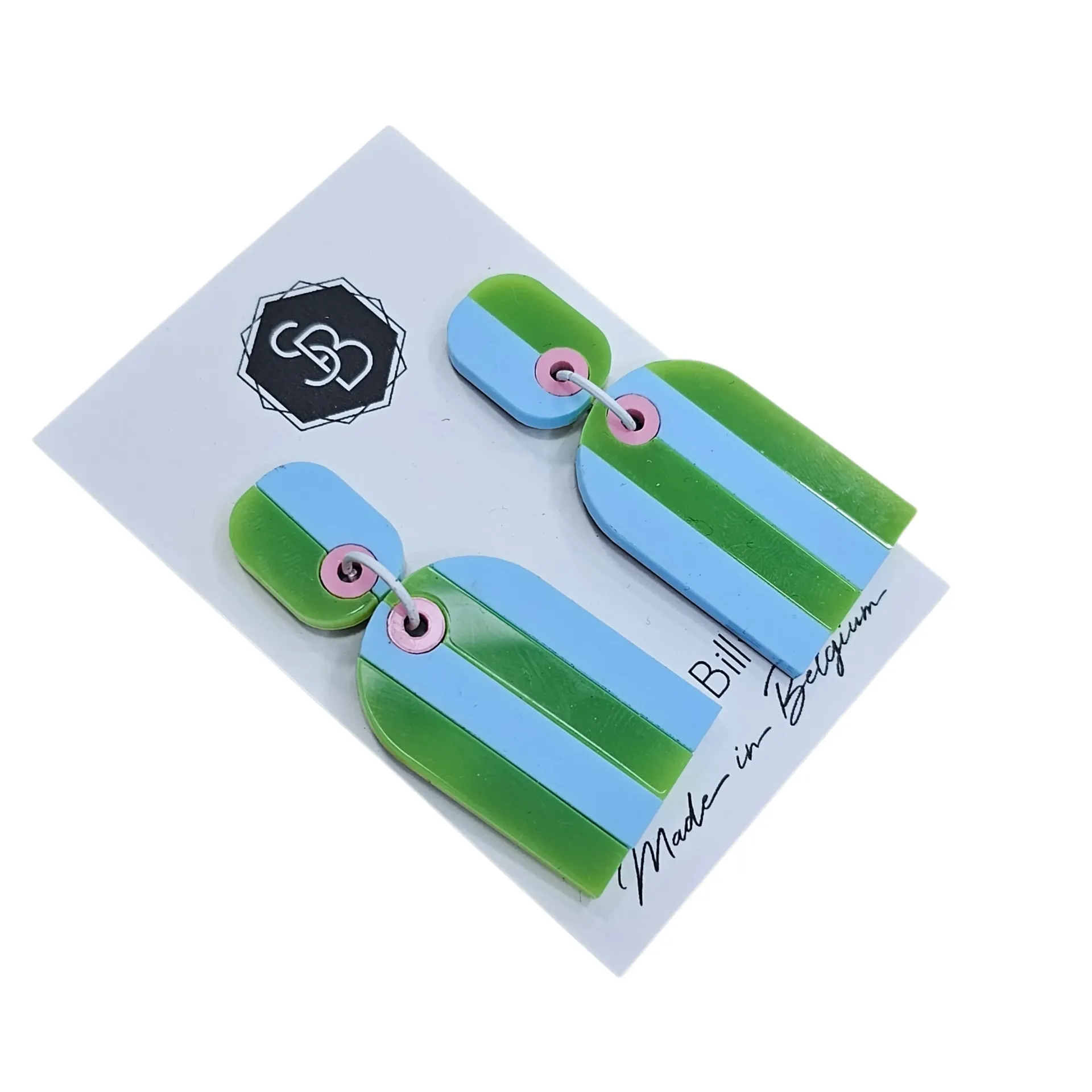 Boucles d’oreilles colorées en plexiglas – Créations fun & originales by So Billy - lignées bleu et vert