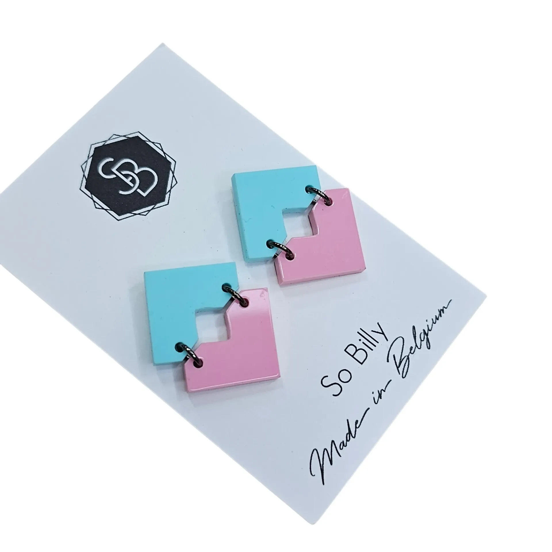 Boucles d’oreilles colorées en plexiglas – Créations fun & originales by So Billy - triangle bleu / rose