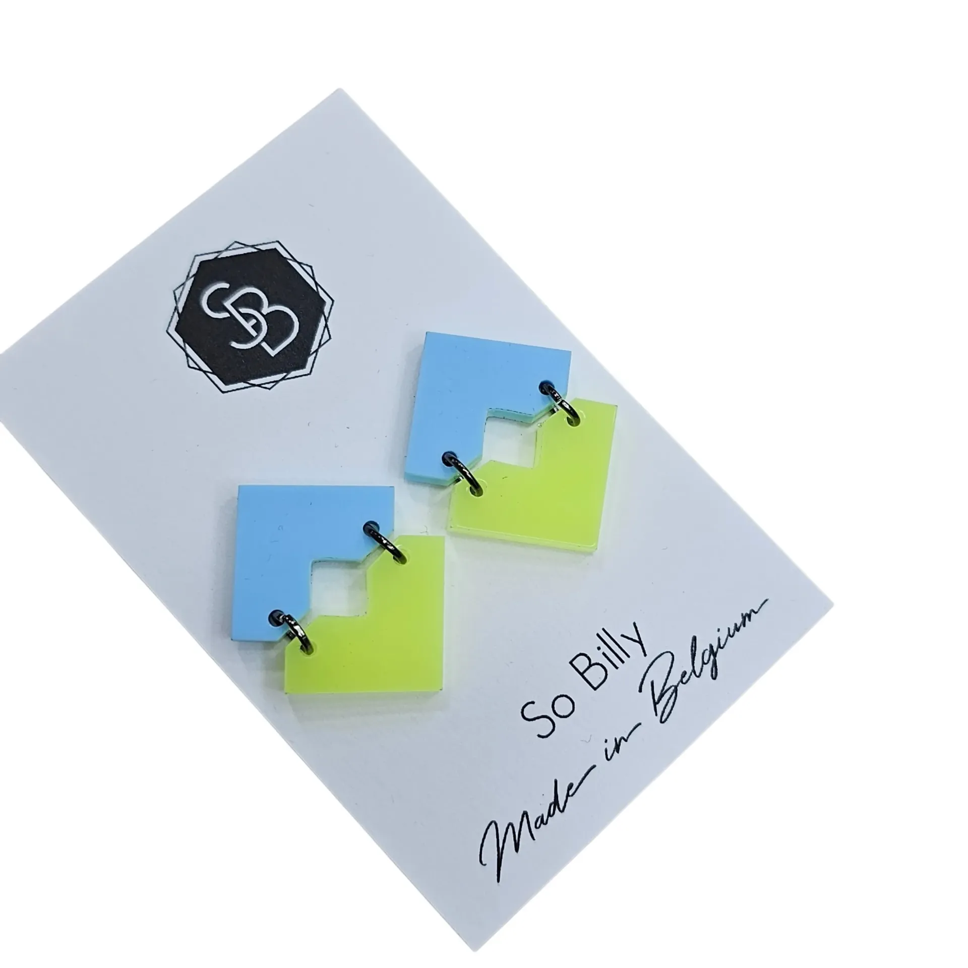 Boucles d’oreilles colorées en plexiglas – Créations fun & originales by So Billy - triangle bleu / jaune fluo