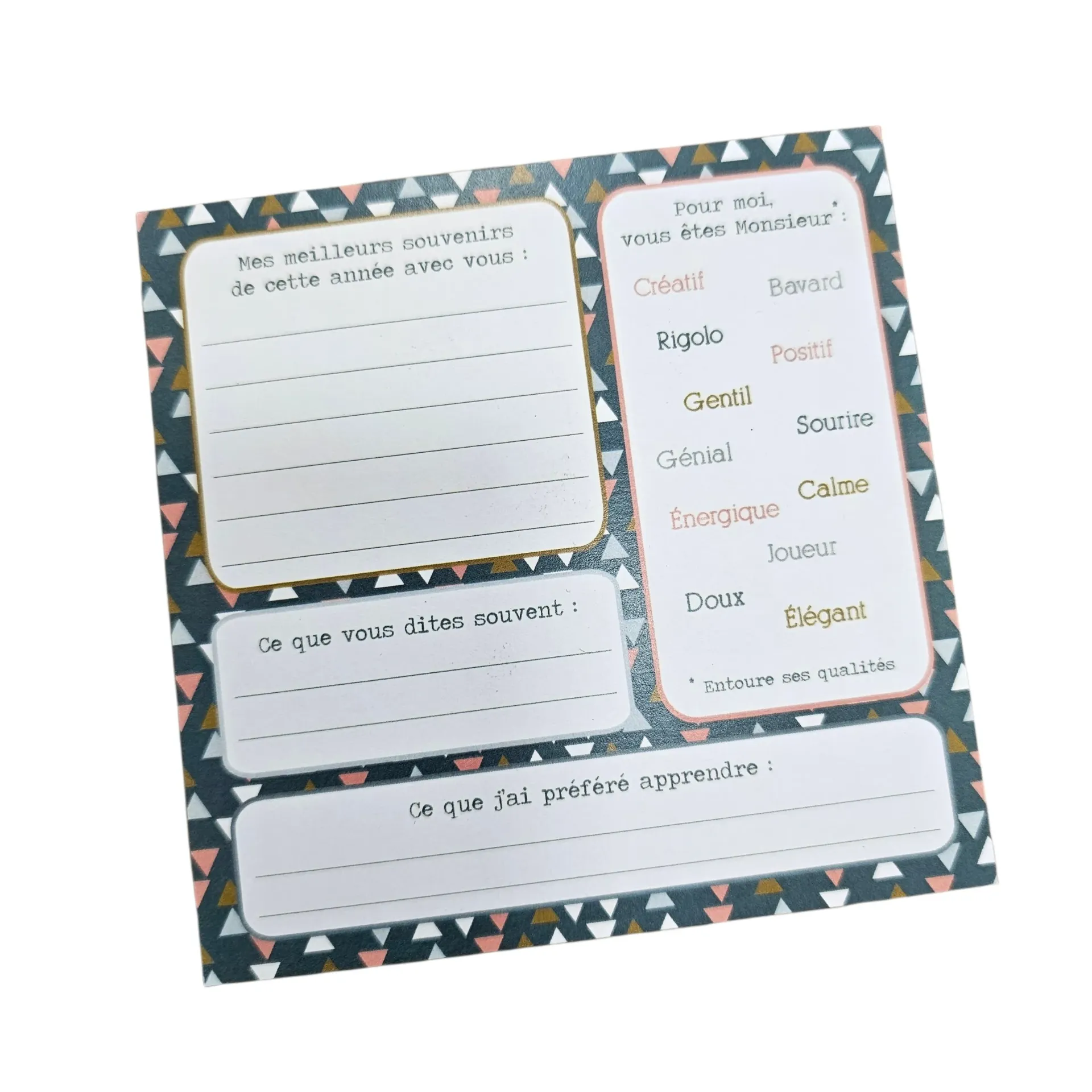 Carte à Remplir pour Instituteur – Souvenir de Fin d'Année - Jolis Lundis