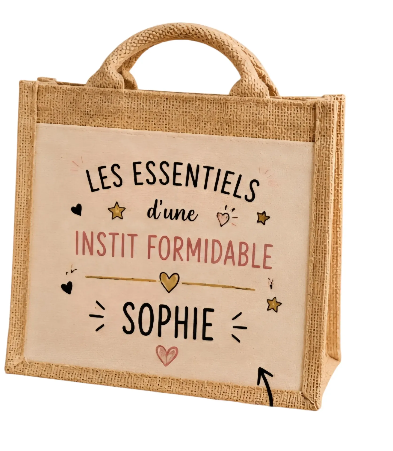 Sac en Jute Personnalisé "Les Essentiels d'une Instit Formidable" – Cadeau Institutrice