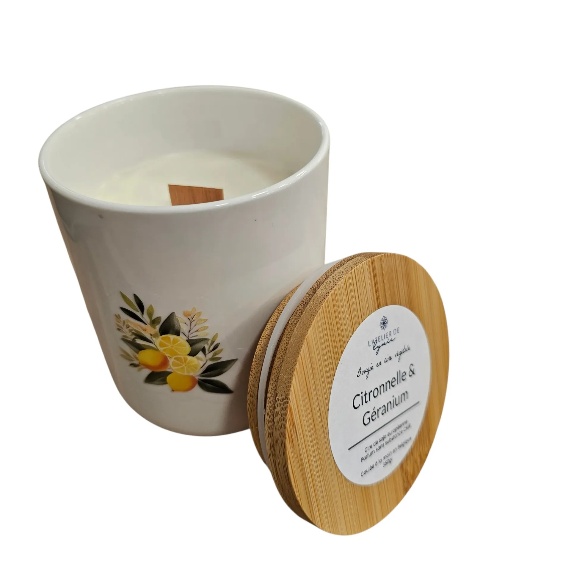 Bougie Artisanale Géranium & Citronnelle 350 g – Pot en Céramique Blanc Réutilisable