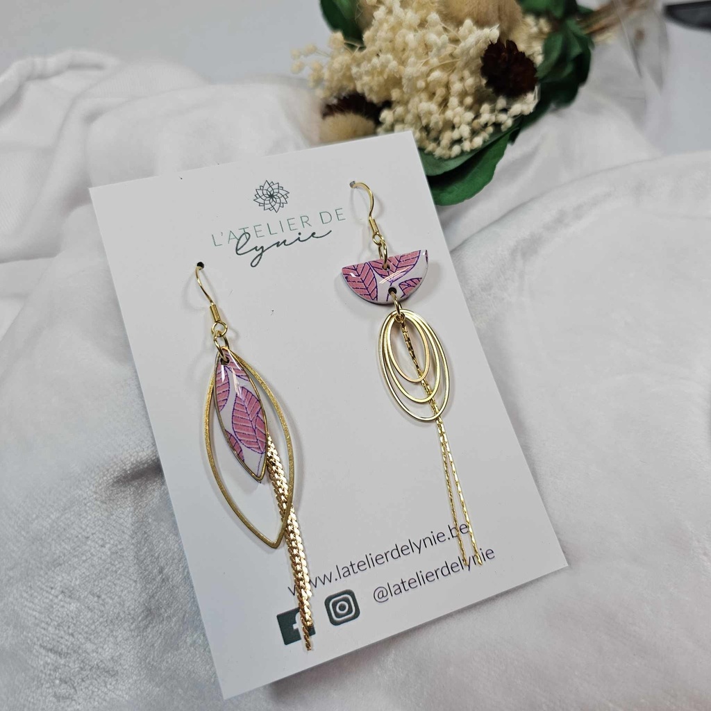 Lynie - Boucles d'oreilles Feuilles roses 240308