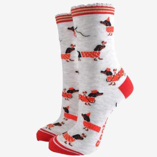 Chaussettes en bambou pour femmes - gris/rouge, teckel festif