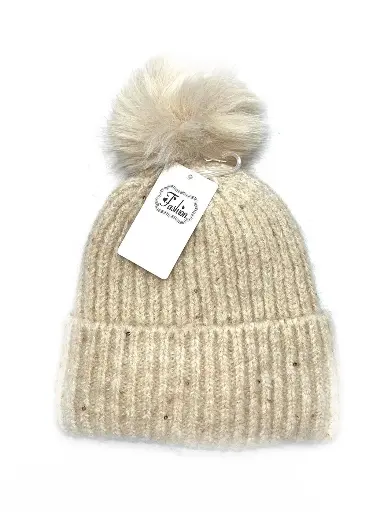 Lineta - Bonnet à pompon et paillettes écru