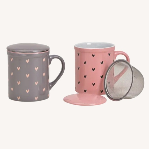Mug / Tasse à thé gris et petits cœurs – avec infuseur et couvercle